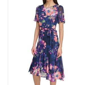 DKNY Size 6 Vibrant Floral Goddet-Trim Midi Dress